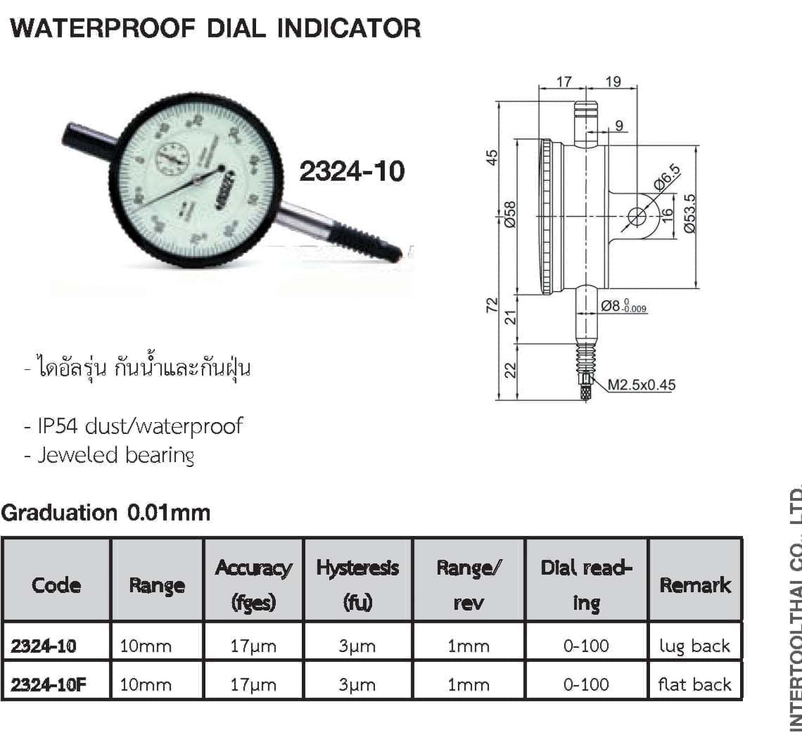 WATERPROOF DIAL INDICATOR LUG BACK รุ่น 2324
